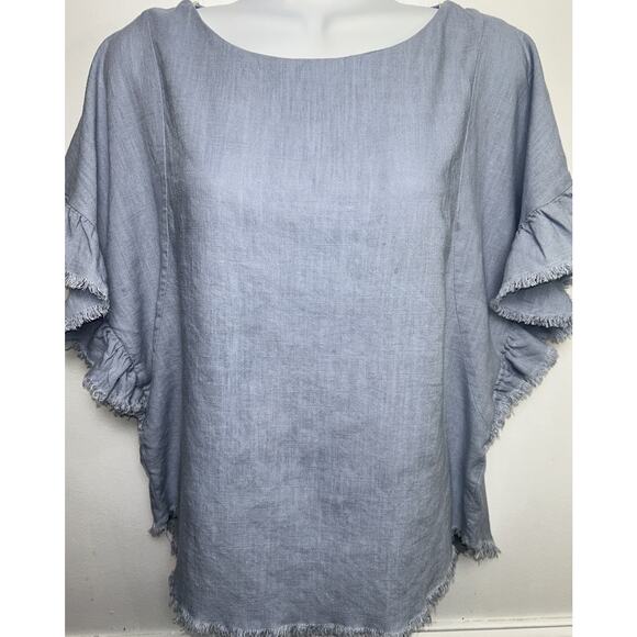 Umgee Linen Blend Top Womens S Blue Cap Sleeve Raw Frayed Hem Boho Round Neck - Picture 1 of 7